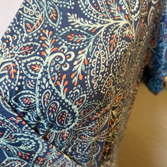 L.L. Bean Faux Wrap Teal Paisley Printed Stretch Short Sleeve MIDI Dress Medium - Picture 4 of 6